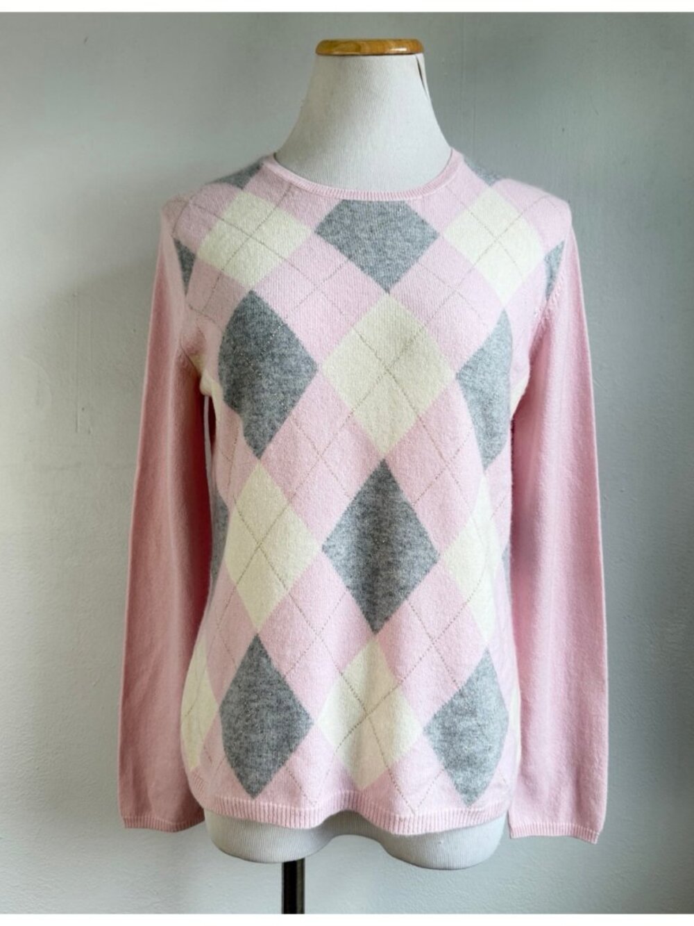 Charter Club Sweater Size Petite Small 2 Ply 100% Cashmere Pink Argyle Diamond